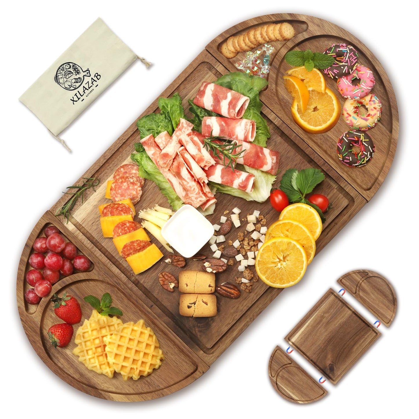 Extra Large Magnetic Charcuterie Board Cheese Board Gift Set 3 Part Square & Round & Heart Shaped Acacia Wood Charcuterie Cheese Boards Wooden Tray Serving Board Platter for Valentine