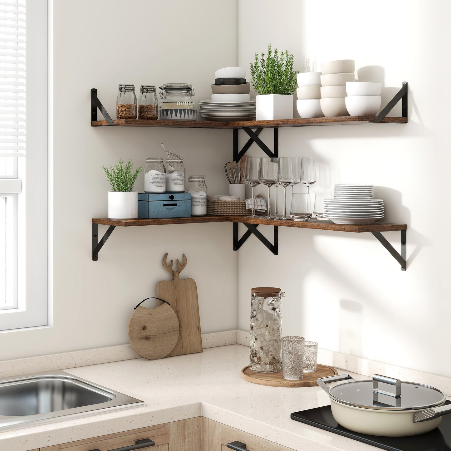 Axeman Floating Shelves for Wall, 8 Inch Deep Brown Wall Shelves Set of 2, 16''W x 8''D Rustic Brown Wood Shelves for Bookshelf Living Room Bedroom Home Office Bathroom