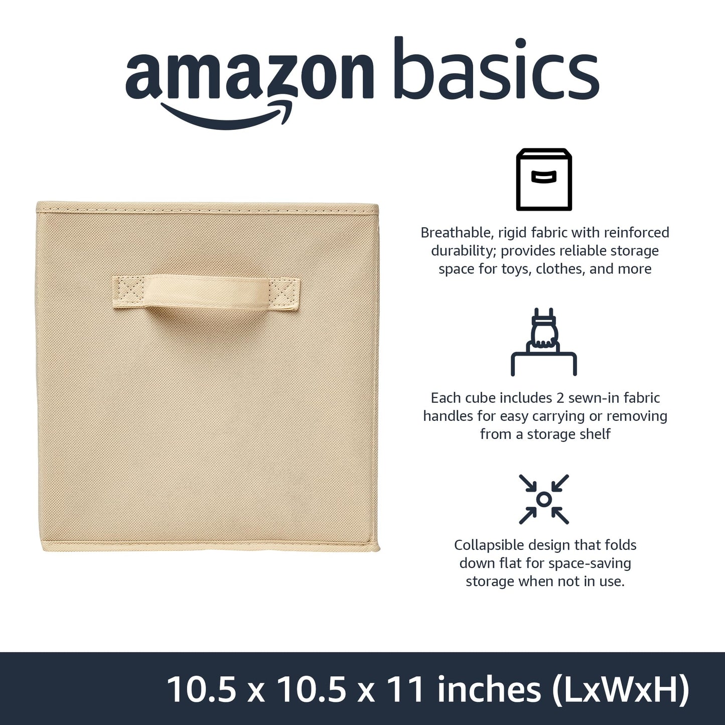 Amazon Basics Collapsible Fabric Storage Cubes Organizer with Handles, Sturdy Storage Bins for Organization, 10.5" x 10.5" x 11", Beige, 6-Pack
