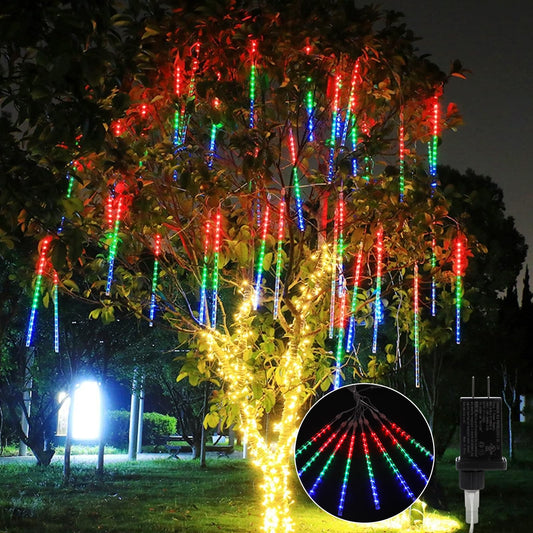 RLQXSYS Christmas Meteor Shower Lights 8 Tubes 11.8 inch 360 LED Icicle Lights Waterproof Falling Rain Light US Plug for Tree House Yard Party Outdoor Decor (Multicolor)