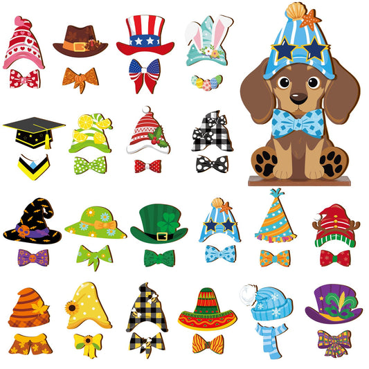 Anglechic 42 Pcs Small Interchangeable Dog Sign Holiday Summer Decor Seasonal Table Centerpiece Farmhouse Rustic Magnetic Desk Accessories Wooden Home Office Room Welcome Tiered Tray Decoration Gifts