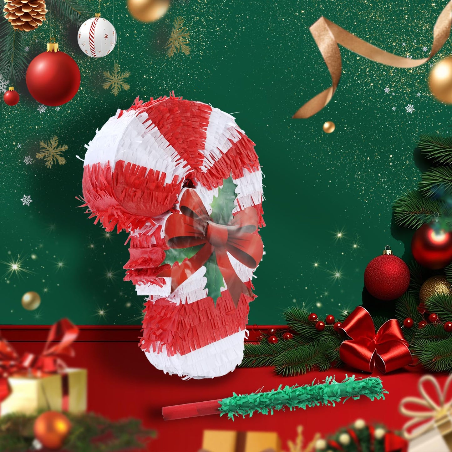 Birchio Christmas Candy Cane Pinatas Bundle with a Blindfold and Bat (Small Size 17x11x4 Inches), Holiday Theme Piñata, Christmas Party Supplies, Xmas Piñata, Party Decoration Games