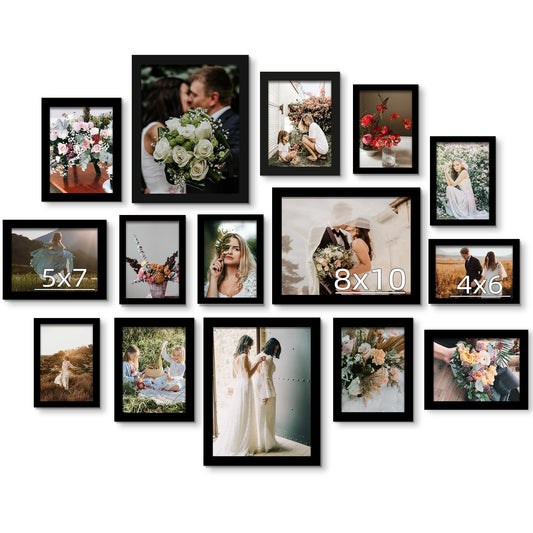 BESCRCL 15 Pack Real Glass Picture Frames Collage Wall Decor, Including 3pcs 8x10, 6pcs 5x7, 6pcs 4x6 Photo Frames for Gallery Wall or Tabletop Display, Black