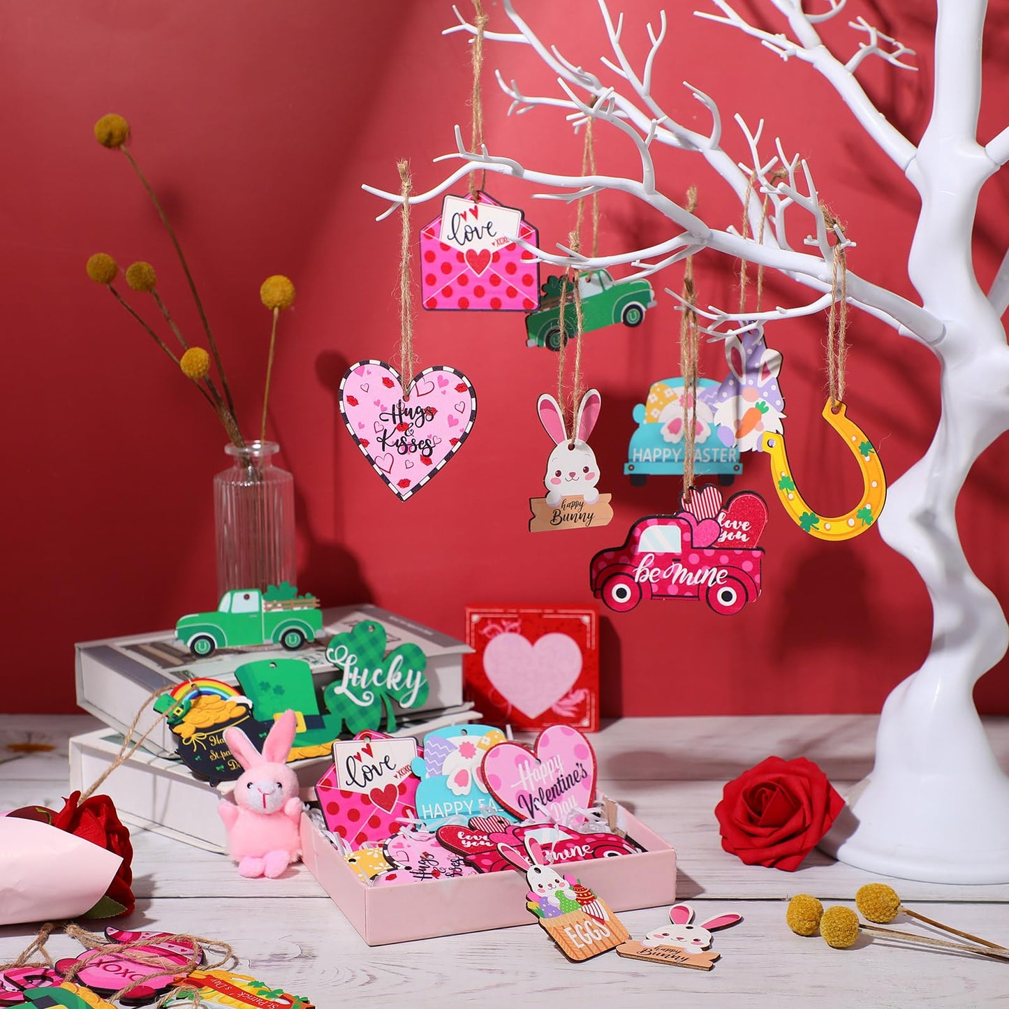 Jutom 108 Pcs Valentine's Day Wooden Tree Hanging Decorations St. Patrick's Day Easter Hanging Tree Ornament Bulk Holiday Wooden Decor for Seasonal Festive Party Favor Gift Supplies (Classic Style)