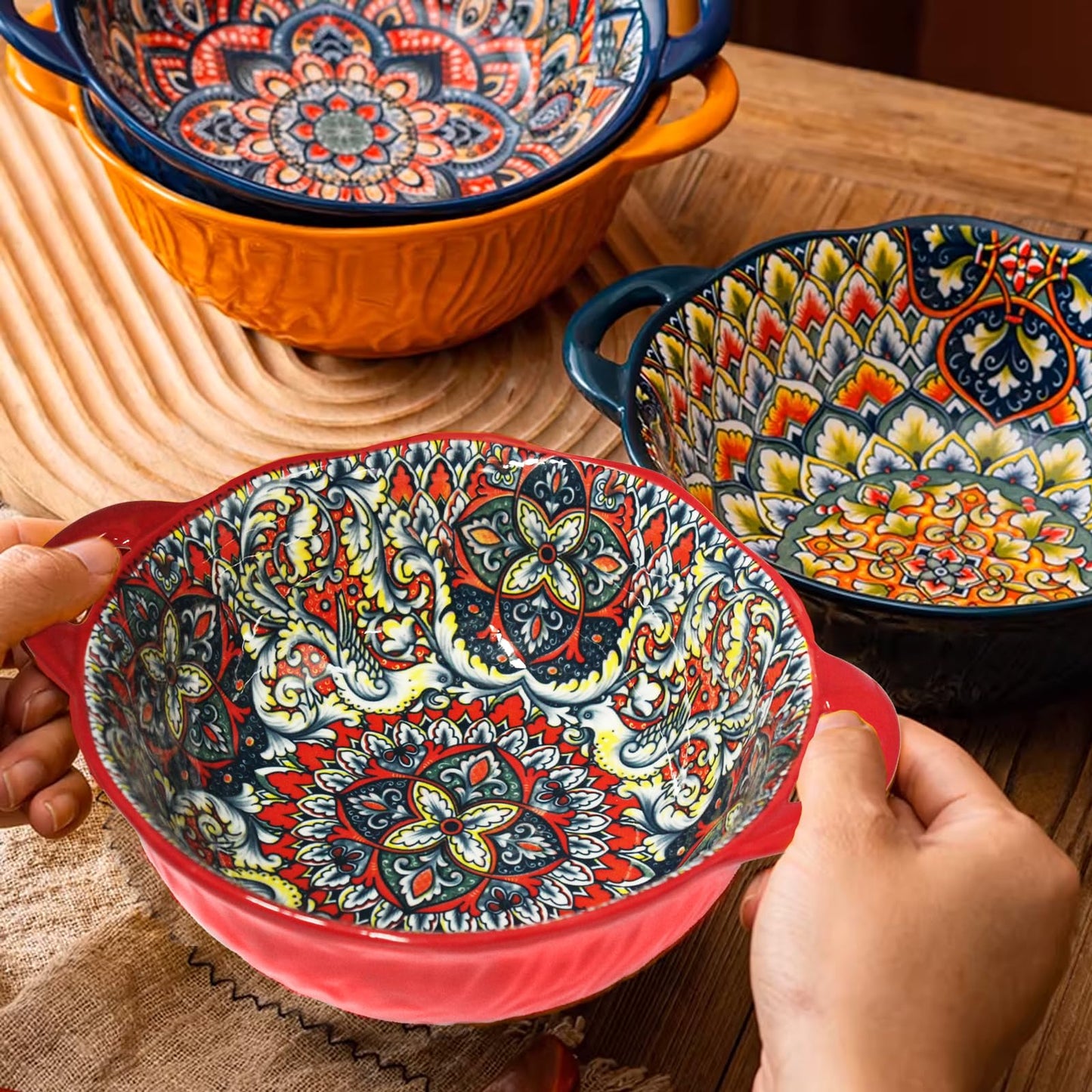 Ronanemon Bohemia Large Bowls with Handle, 40 oz Ceramic Soup Bowl for Salad, Pasta, Cereal,Fruit, Udon, Microwave & Dishwasher Safe (Red)