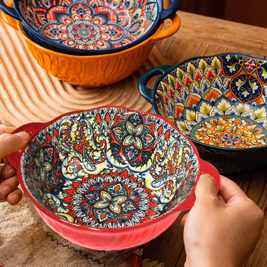 Ronanemon Bohemia Large Bowls with Handle, 40 oz Ceramic Soup Bowl for Salad, Pasta, Cereal,Fruit, Udon, Microwave & Dishwasher Safe (Red)