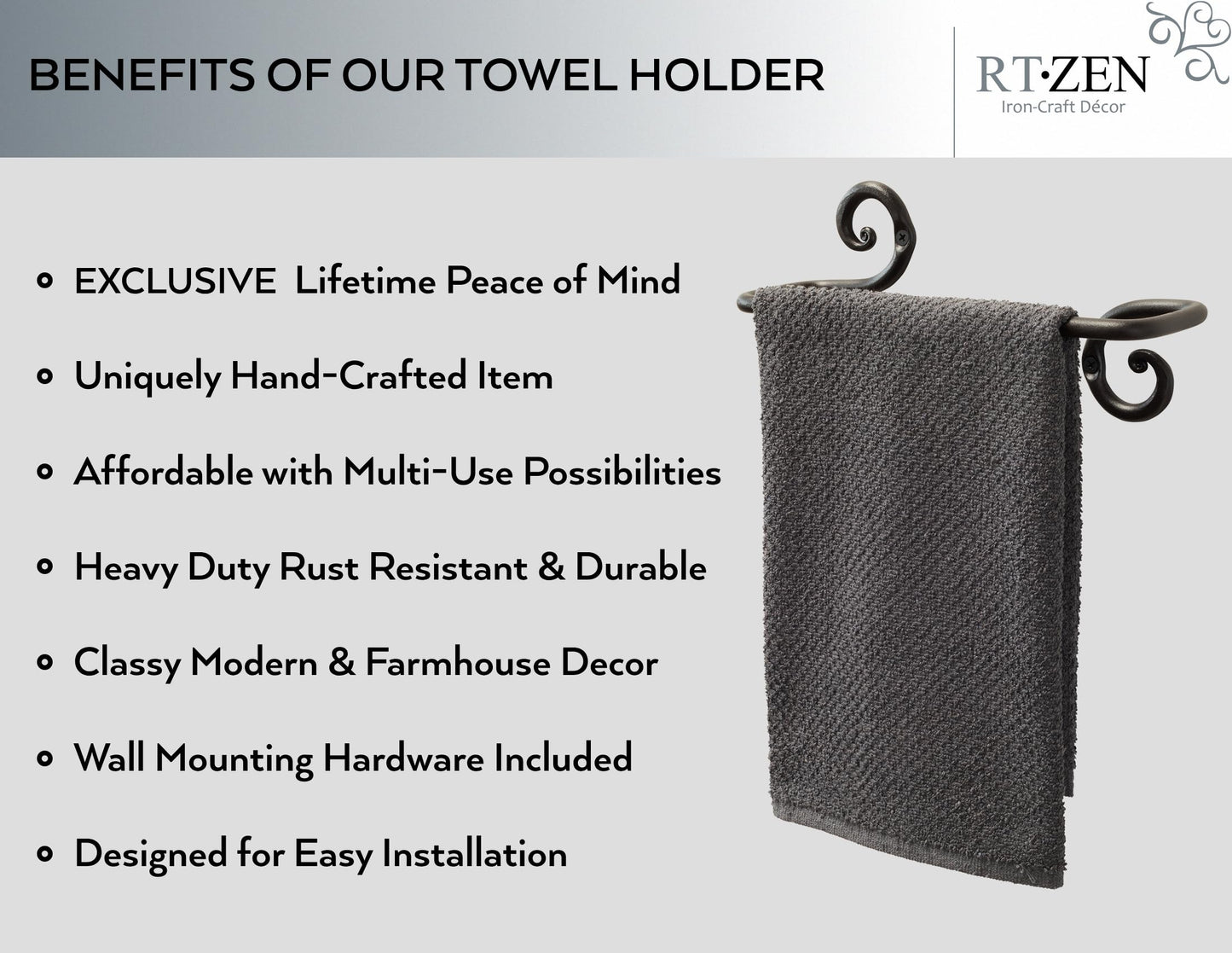 RTZEN Matte Black Hand Towel Holder for Bathroom - Handcrafted Farmhouse Wrought Iron Metal Kitchen Bar - Small Hand Towel Bar Hanger for Home or Office - Wall Mounted Rack Fits 10" Towels