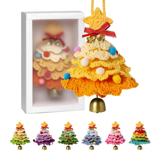 JSSTEM Handmade Crochet Christmas Tree, Hand-Knitted Ornaments Car Pendant with Bells, Stars, Bows & Pom Poms, Cotton Xmas Decor for Holiday Tree, Festive Gift, Home, Car and Party Decor, Yellow