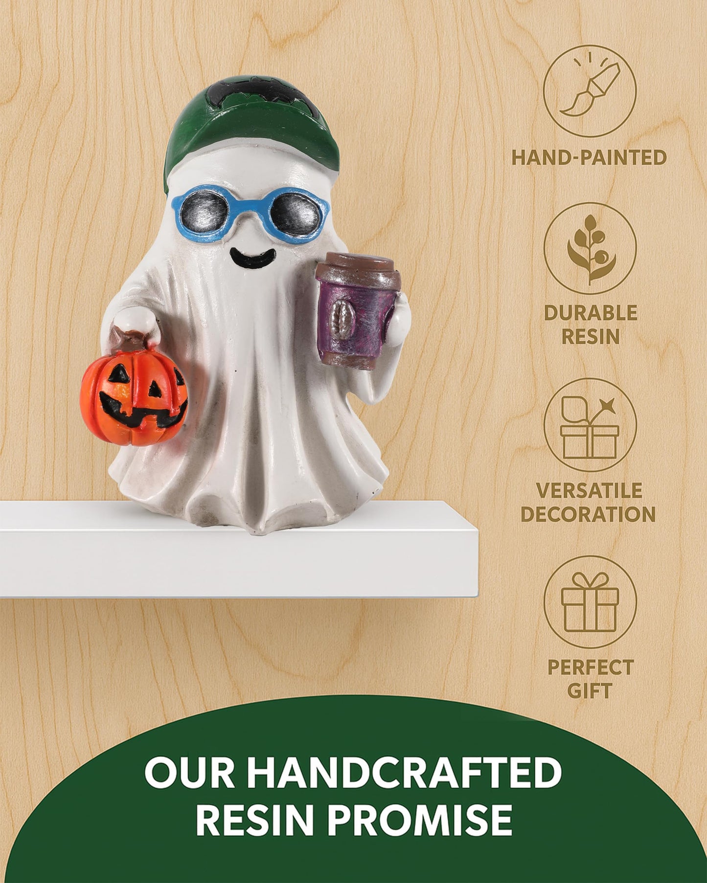 GoGnome Halloween Decorations Resin Ghost Figurines with Pumpkins and Coffee Cups Ice Cream – Set of 2 Festive Decor (White)