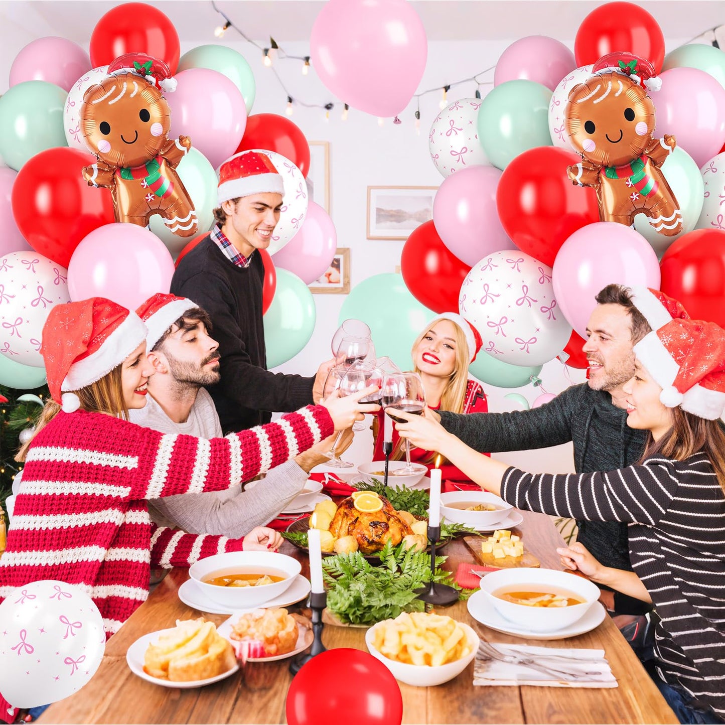 Christmas Balloons, 60pcs Pink and Red Green Balloons with Gingerbread Man Foil Xmas Balloon, Pastel Green Red and Pink Bow White Balloon for Christmas Party Decorations Birthday New Year Supplies