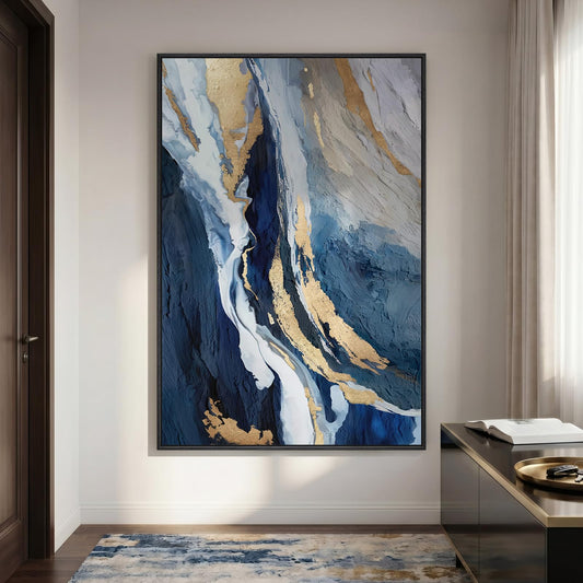 Extra Large Framed Blue Abstract Wall Art for Living Room, 40x60 In Oversized Blue and Gold Modern Canvas Prints Paintings, Big Vertical Navy Blue Pictures for Hallway Dining Bedroom Office Wall Decor