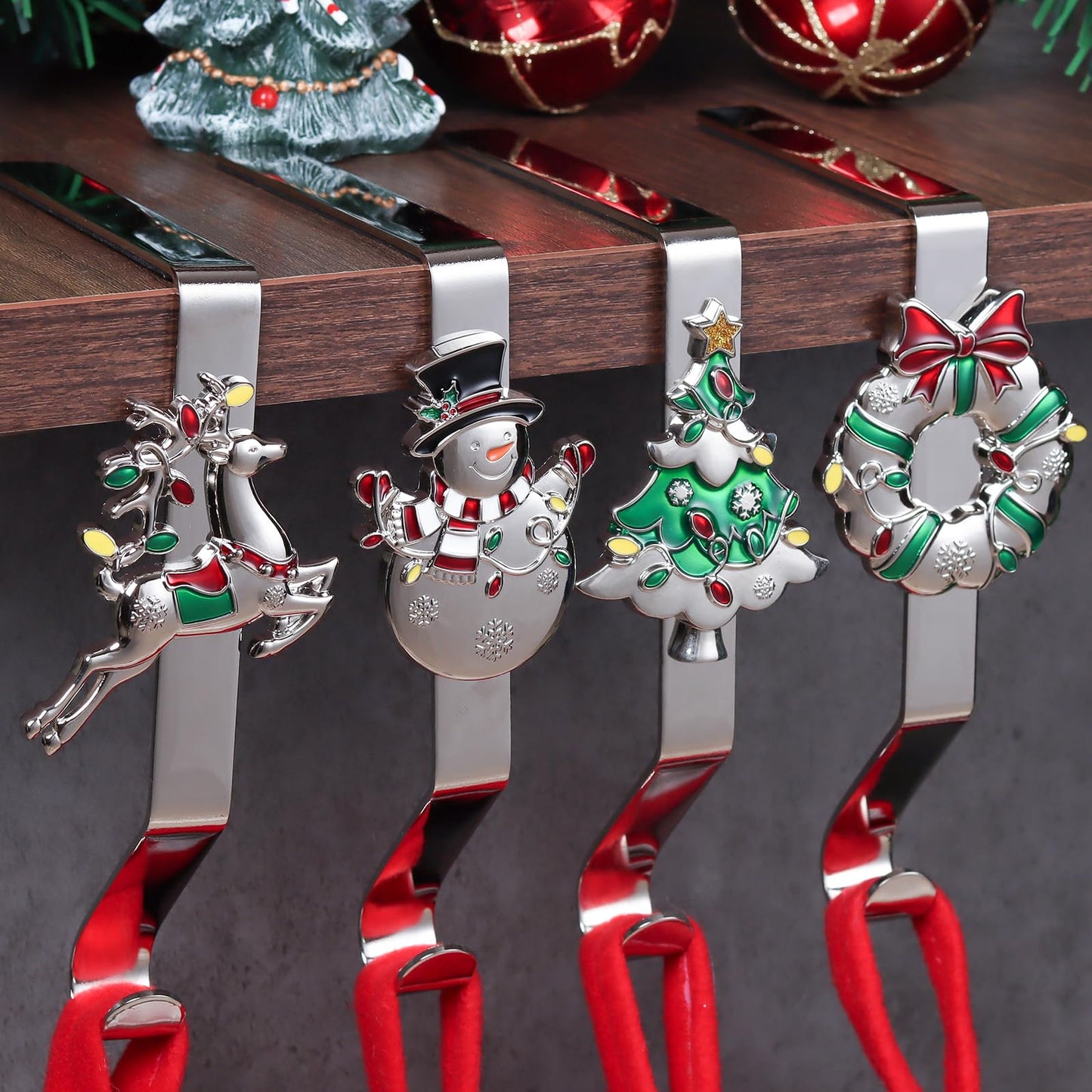 K-MLICE Stocking Holders for Mantle Silver Stocking Holder Stocking Hangers for Mantle Set of 4 Hooks Fireplace Christmas Stocking Holder Weighted Non-Slip Christmas Décor