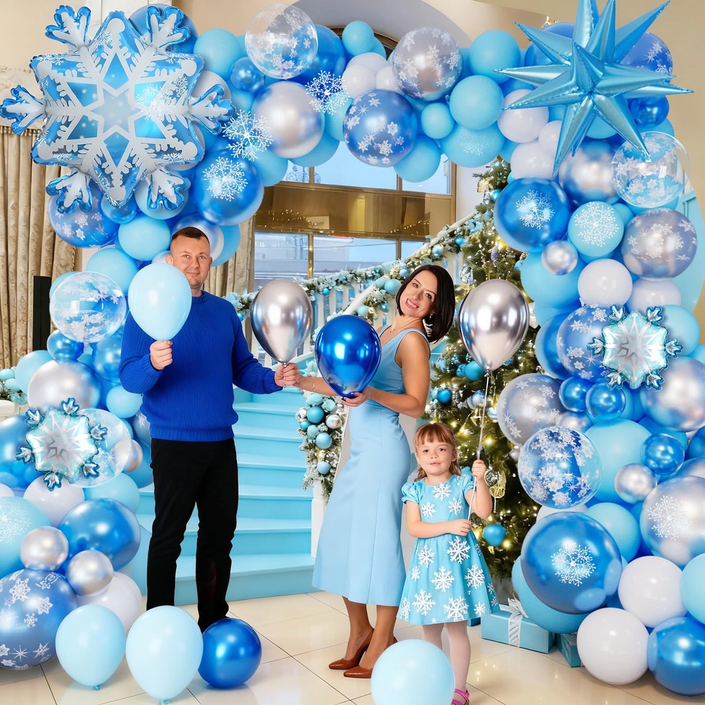 Frozen Balloon Arch Garland Kit，142 Pcs Snowflake Balloon Arch with Silver Blue Snowflake Balloons for Winter Wonderland Theme Baby Shower Snow Princess Birthday Party Decorations