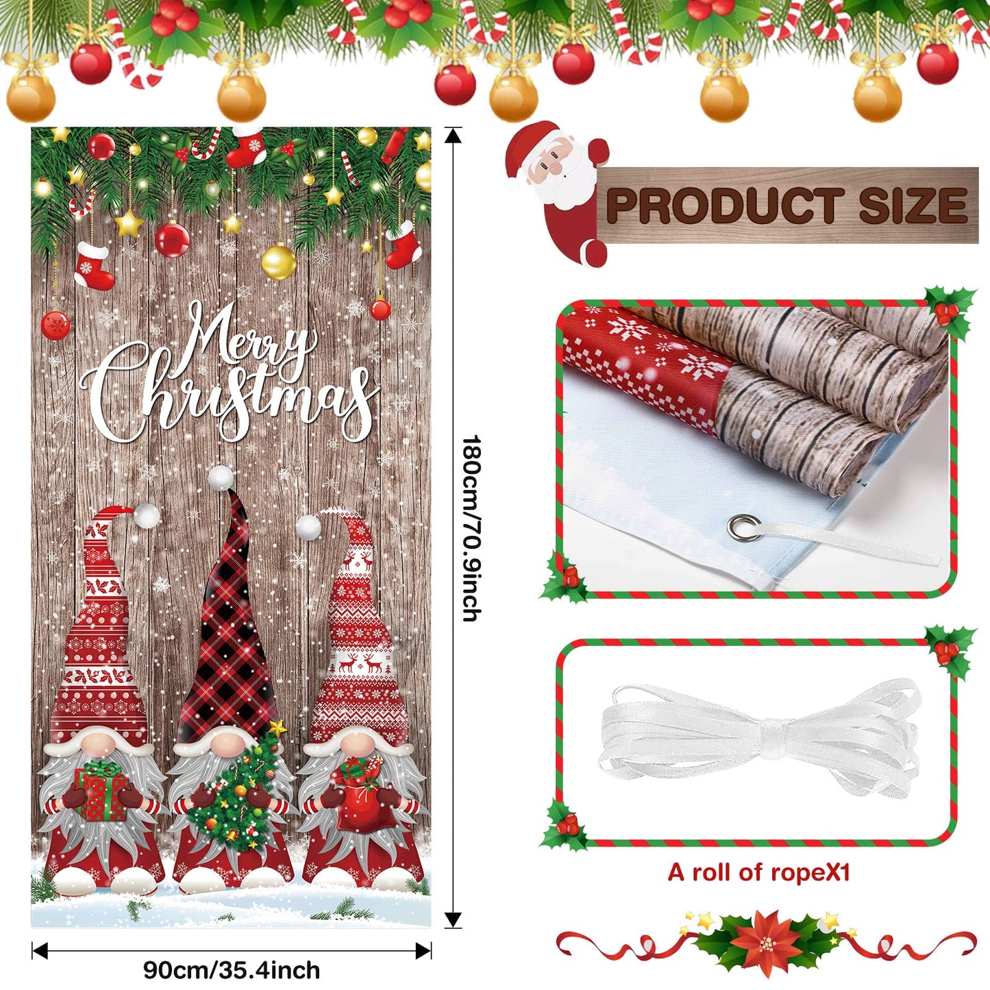 Christmas Door Cover Decorations Merry Christmas Front Door Cover Christmas Door Banner Fabric Glitter Wood Props Xmas Snowflake Hanging Door Wrap for Photo Booth Props Party (Gnome Style)