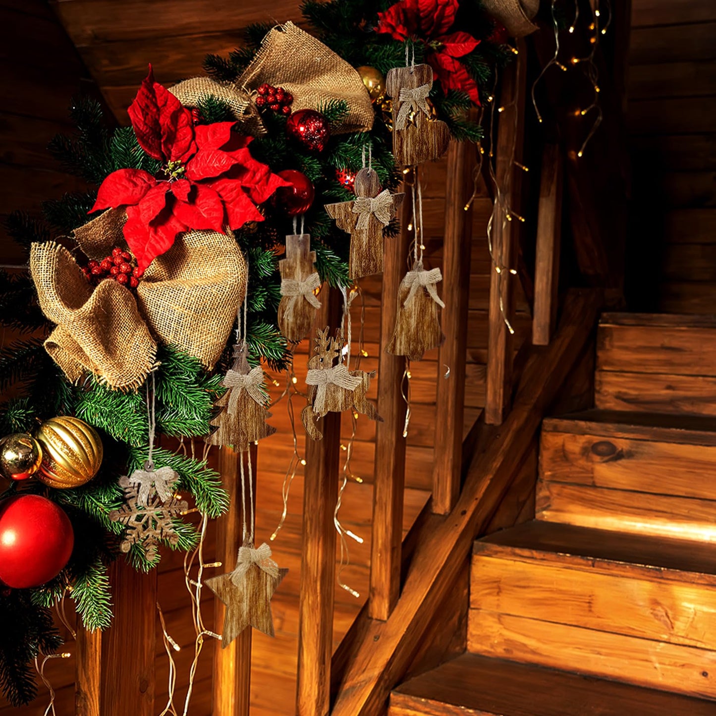 Lineshading 8 Pcs Rustic Christmas Tree Ornaments Wooden Farmhouse Christmas Ornaments Angle Snowflake Reindeer Tree Hanging Decor for Xmas Home Office Fireplace Winter (Brown,4.3 x 3.9 Inches)