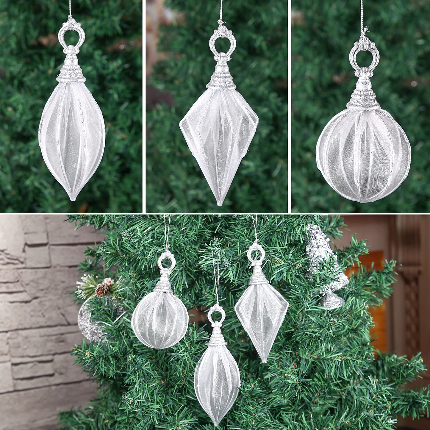 Christmas Ball Ornaments, 6pc Set Silver Rugby,Round Ball, Diamond Pendant Christmas Decorations Hanging for Xmas Tree Decorations Wedding Party