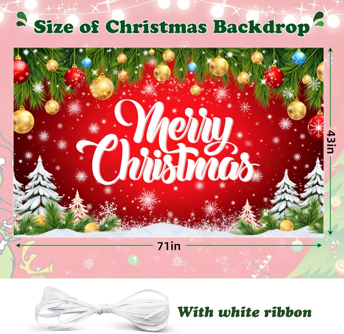 Merry Christmas Banner 71 x 43 Inch Decoration – Large Red Christmas Photography Background Backdrop for Indoor Outdoor Xmas Party Decorations, Fireplace, Wall, and Photo Booth