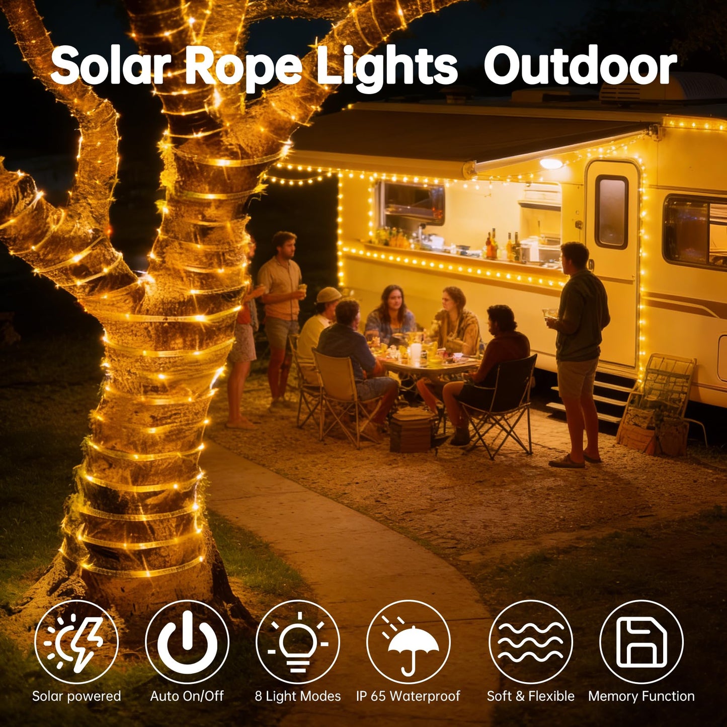 BANBANJO Solar Rope Lights for outside, 66ft 200 LED Solar string Lights with 8 Modes, Waterproof Solar Outdoor Light for Patio Garden Party Tree Porch Pool Fence Outdoor Holiday Xmas Decor-Warm White