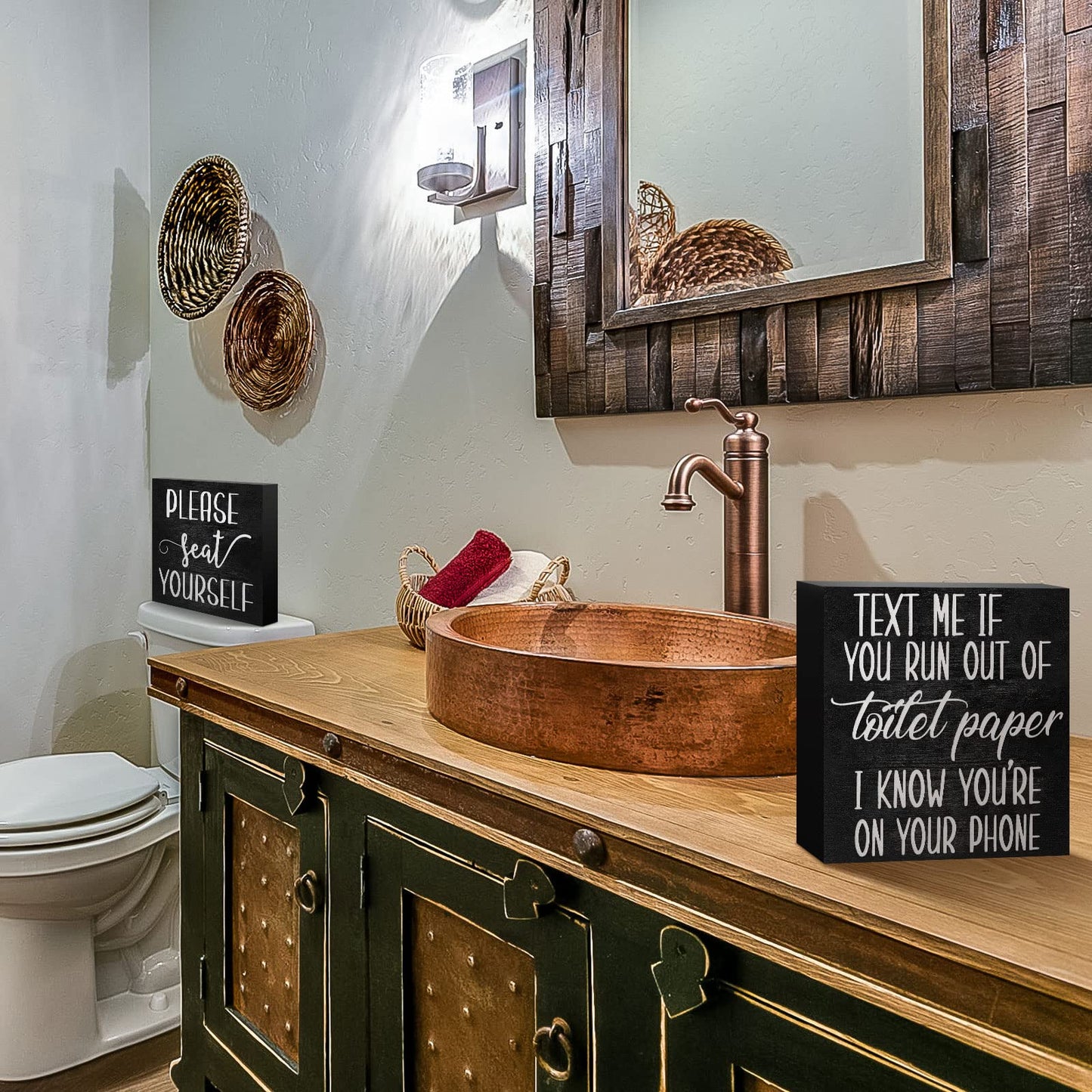 Jetec Set of 2 Farmhouse Bathroom Signs Decor Funny Rustic Wood Plaque Bathroom Wall Art Please Seat Yourself Wooden Toilet Signs for Home Restroom Shelves(Black)