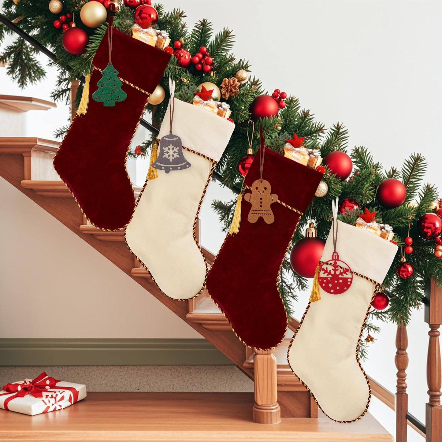 HiPeep 4 Pack Christmas Stockings, Red and White Luxury Velvet Christmas Stocking Set, Xmas Stocking for Fireplace, Tree Decorations