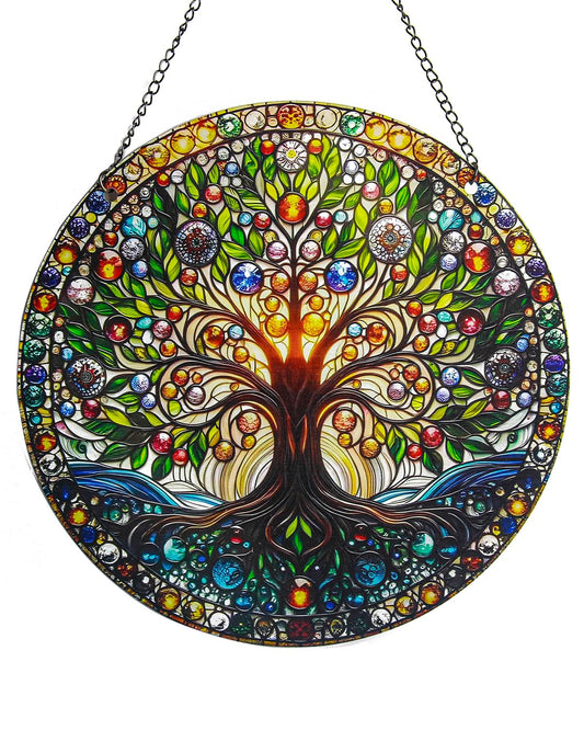 Stained Acrylic Window Handing-Life Tree Suncatcher for Window Doors,Home Decoration,Christmas,Thanksgiving Day,Mother's Day Birthday Gift for Women,Men,and Mom(7.8In)
