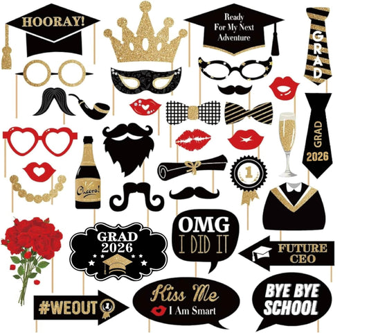 Happy Graduation 2026 Photo Booth Props 35pcs Funny Large Graduation Photo Props Class of 2026 Grad Decor with Sticks for Kids Boy Girl Women Men Graduation Party Favors Supplies Decorations