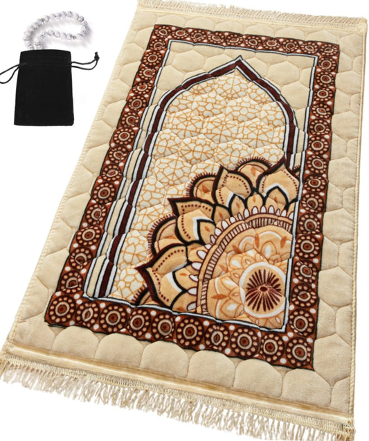 Islamika Prayer Mat Muslim Prayer Rug - Thick Padded Prayer Rug Sajadah for Men Women with Islam Prayer Beads for Eid Travel Ramadan, Soft (Beige)