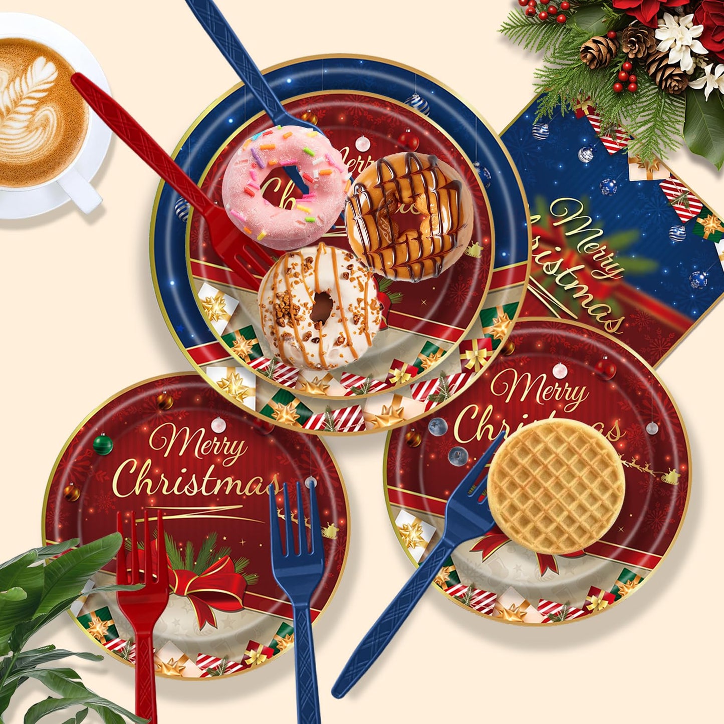 AWLZJZQA 122 PCS Christmas Party Supplies Serve 24 Guests Merry Christmas Plates and Napkins Party Decorations Disposable Dinnerware Set Decor Red and Blue