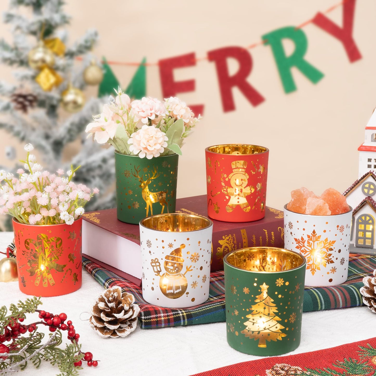 Romcanmy Christmas Votive Candle Holders, Set of 6 Red Green White Glass Candle Holder for Christmas Table Centerpiece, Snowflake Reindeer Xmas Tree Tea Light Holders for New Year Winter Party Decor