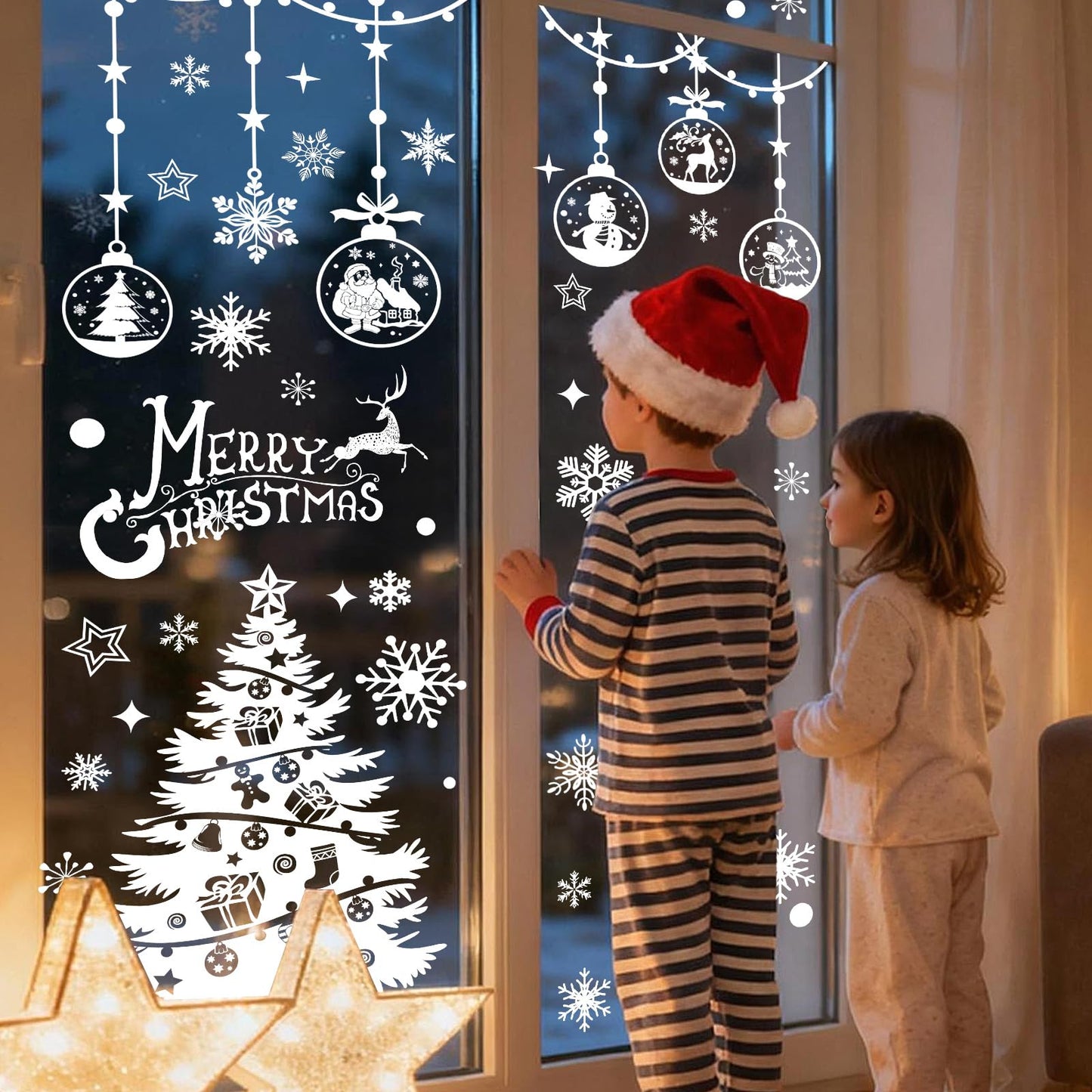 HEEKPEK 163PCS Christmas Window Clings Decorations Large Merry Christmas Double Sided Stickers, Santa Claus Xmas Tree Reindeer Decals for Home Office School (14 Sheets)