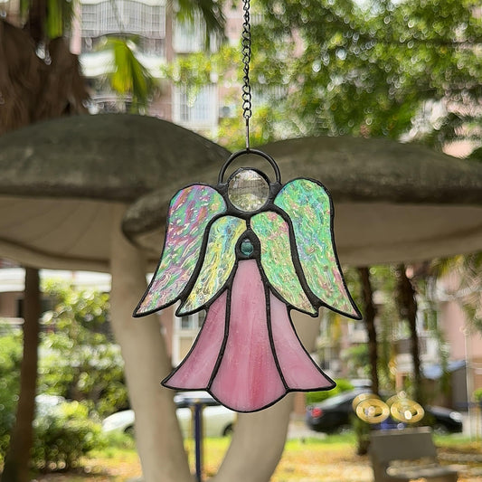 Stained Glass Angel Window Hanging Pink Angel Sun Catcher Handmade Home Ornament Decor Thank You Mother Gifts for Family,Friends,Nurse,Memorial