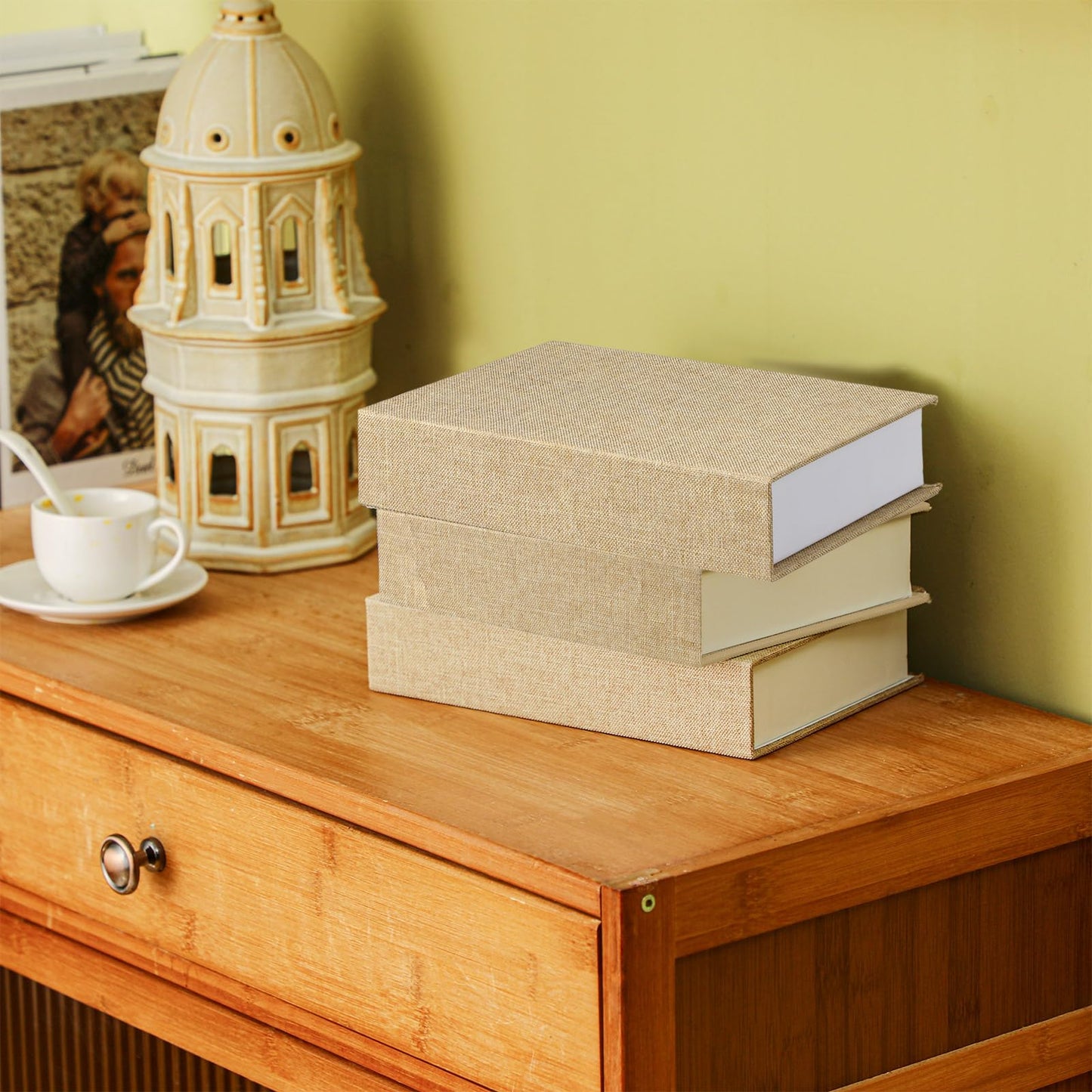 Tioncy 3 Pcs Fake Book Box Neutral Linen Book Box Decorative Faux Prop Storage for Farmhouse Home Decor shelf Table Card Photo DIY Keepsake Gift(8.6 x 6.1 x 1.8 Inch,Beige)