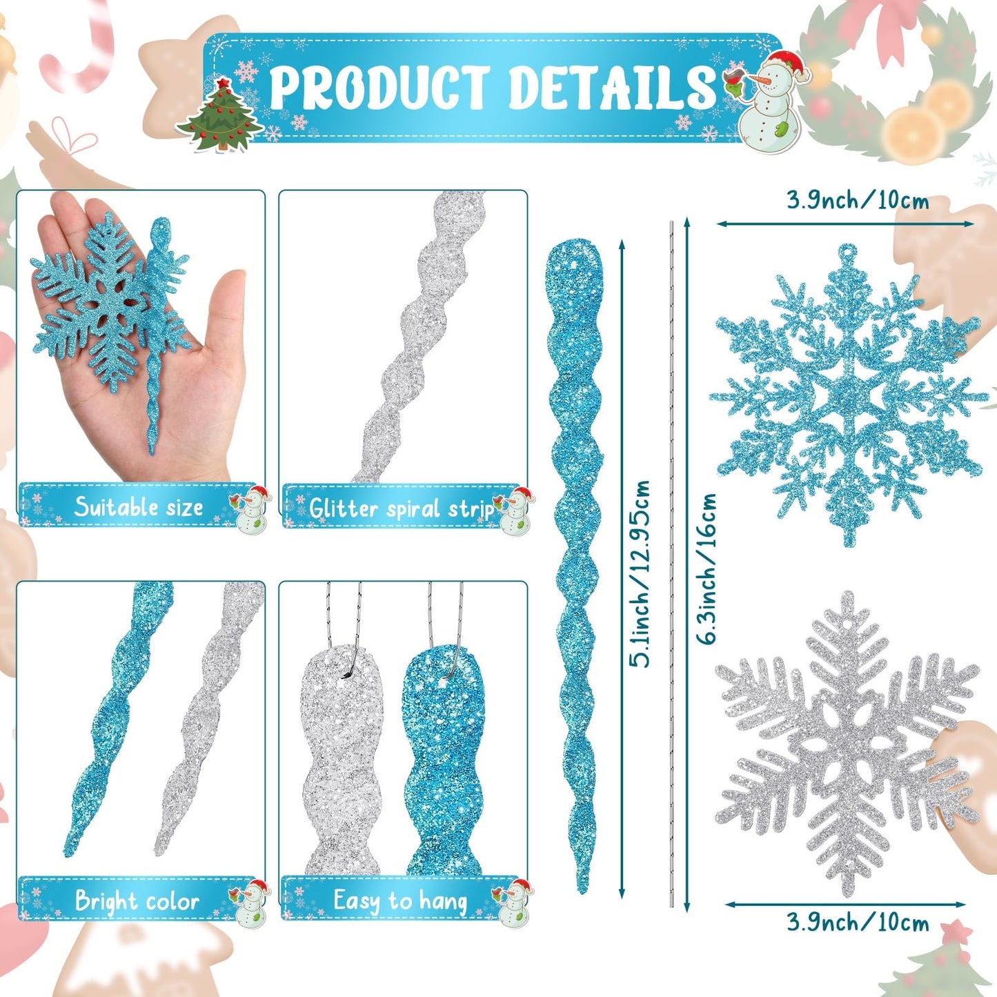 Deekin 72 Pieces Snowflake Icicle Ornaments for Christmas Tree Snowflake Twisted Icicles Glitter Hanging Decorations for Winter Xmas Tree New Year Party Supplies (Light Blue and Silver)