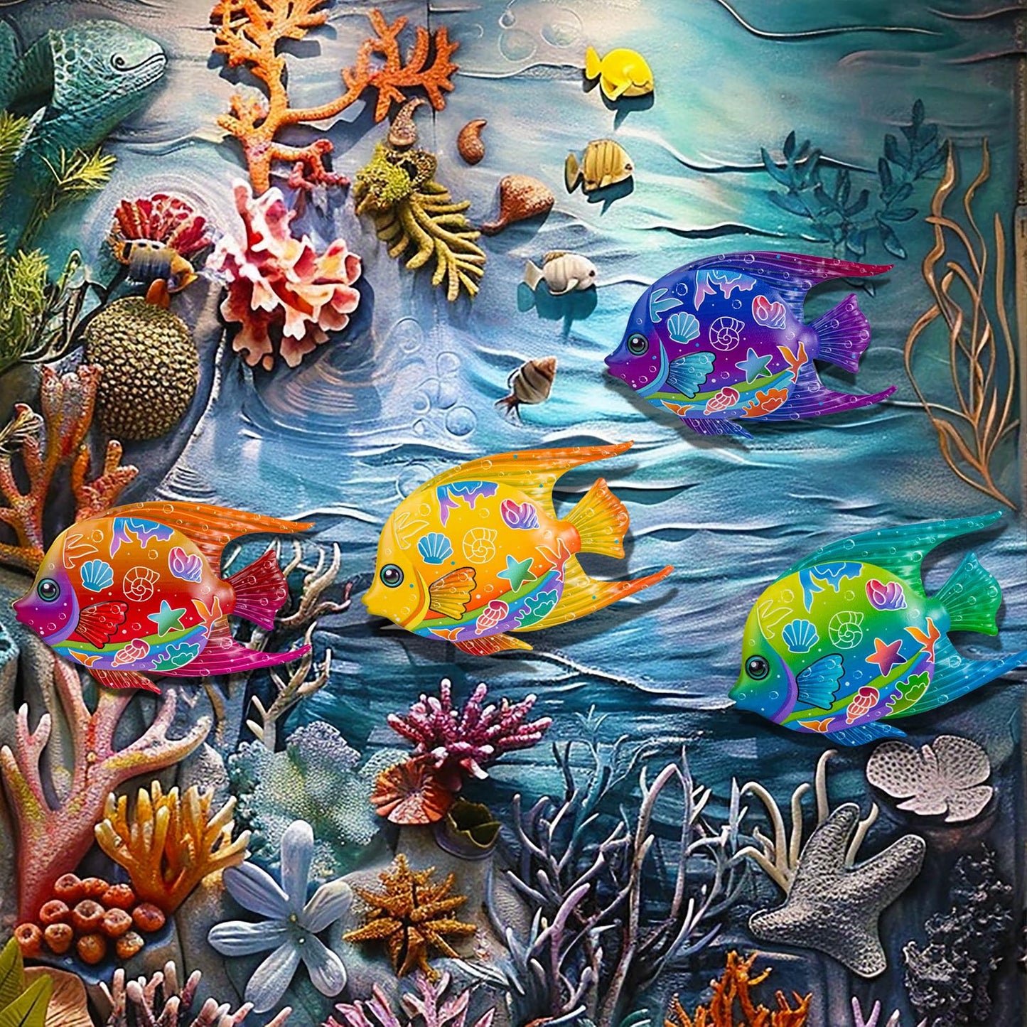 SUNREEK 9 Inches Metal Fish Wall Art, Coastal Beach Nautical Hanging Decor, Outdoor Ocean Pool Wall Decor (4, Fish-A)