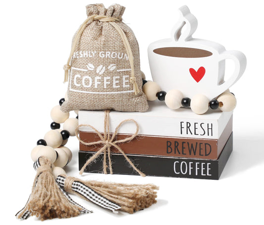 Coffee Bars Decor, 6 PCS Coffee Bar Decorations,Mini Wooden Book Stacks with Bead Garland, Coffees Bar Accessories for Tiered Tray,Table,Shelf,Rustic Farmhouse Home Decor