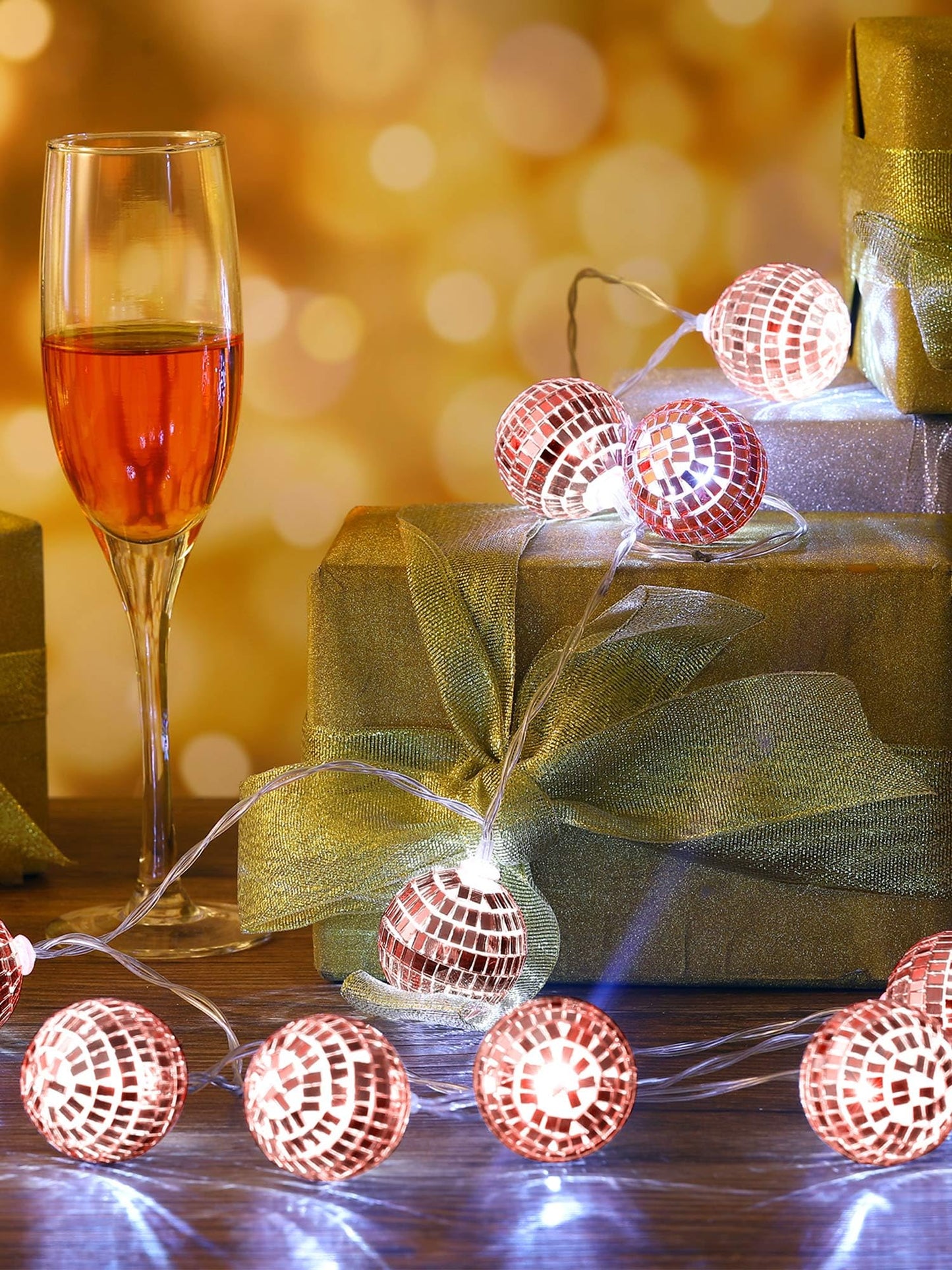 BBTO LED Disco Ball String Light Battery Powered Mirror Balls Ornaments for Outside Backyard Porch 70s 80s Disco Party Supplies(1.57 Inch,Rose Gold)
