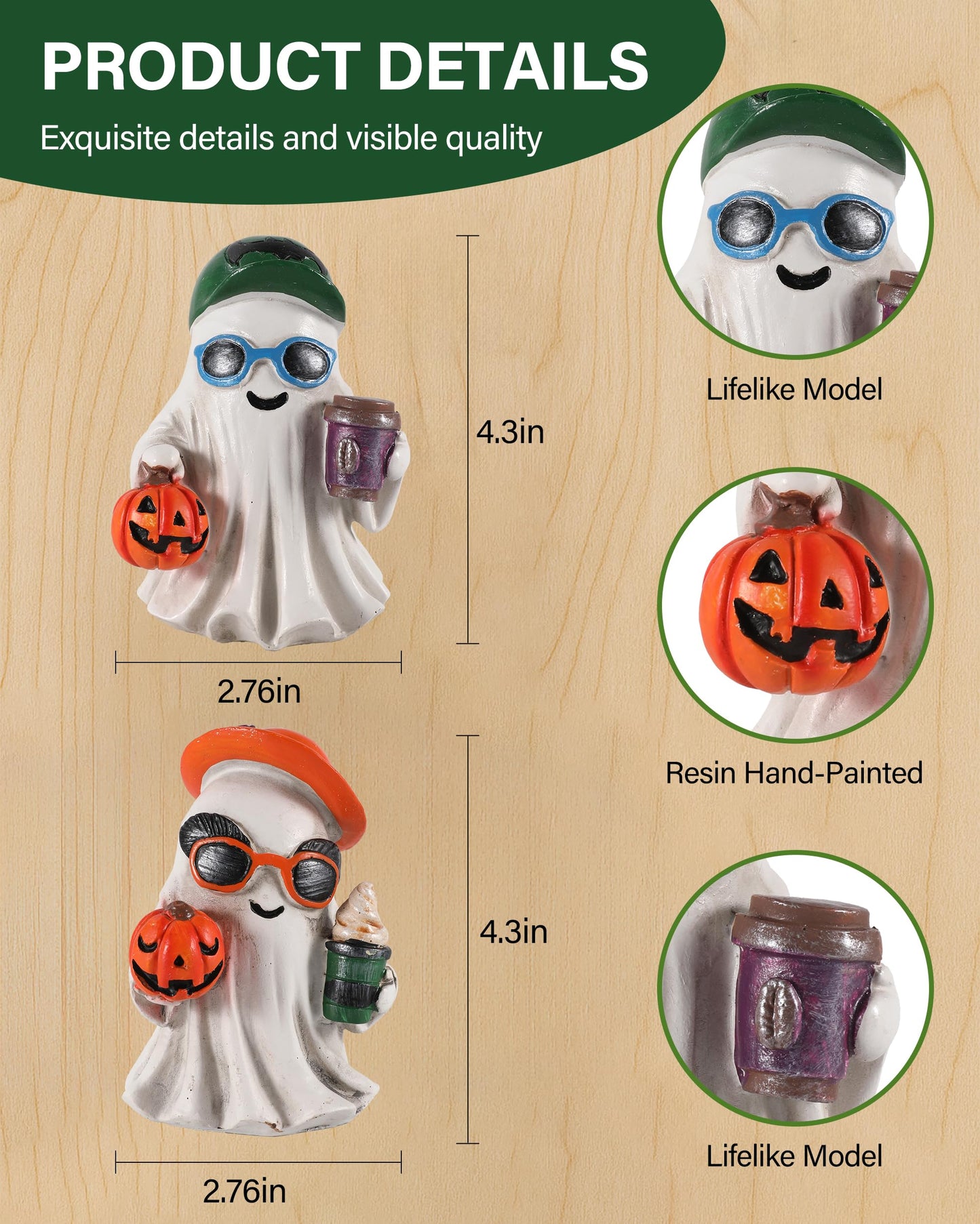 GoGnome Halloween Decorations Resin Ghost Figurines with Pumpkins and Coffee Cups Ice Cream – Set of 2 Festive Decor (White)