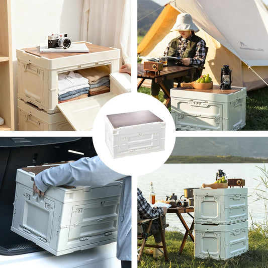 CTESNE 【5-Side Opening】60L Storage Bins with Lids，Portable Foldable Storage Box ，Plastic Stackable Storage Bin for Camp Fishing Car RV,Office (White)