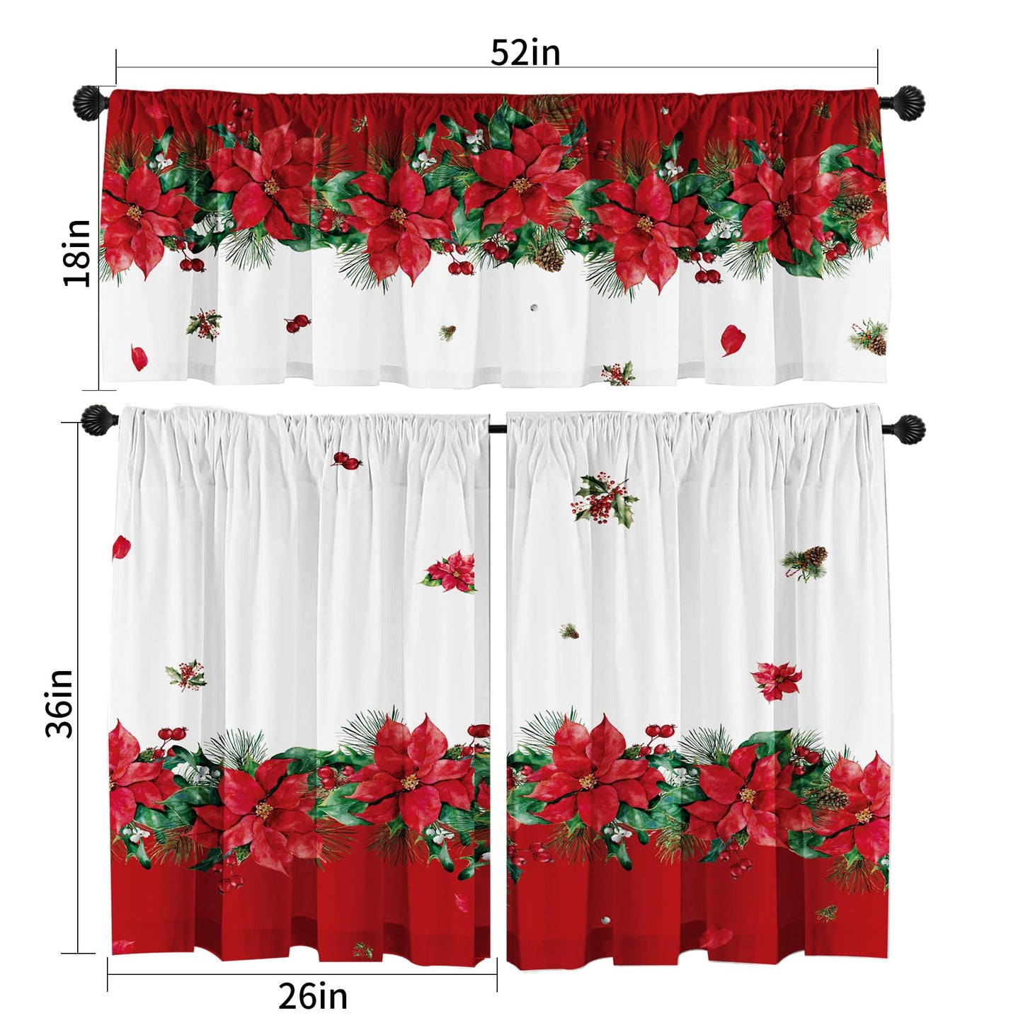 Cuteiush Christmas Poinsettia Curtain Valances Set of 3 Panels,Red,White&Green Rod Pocket,Festive Decor for Kitchen Bedroom, Bathroom,Laundry,52x18 Inch + 2x36x26 Inch