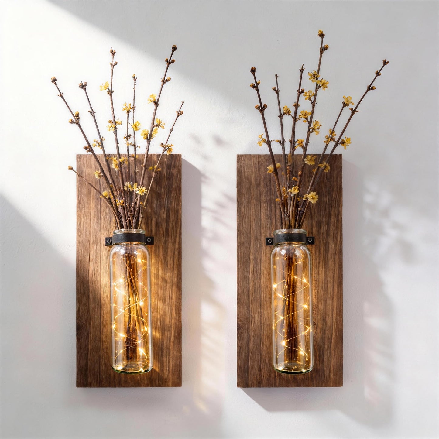 Heiple 2 Pack Wood Glass Wall Sconces, Farmhouse Planters for Indoor Plants, Rustic Decor for Living Room, Hanging Vase (Brown)