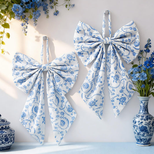 Suncalla 2 Pcs Chinoiserie Wreath Bow Front Door Hanger Cute Flower Bow Wreath Fabric Accessories Spring Party Doorway Indoor Outdoor Wedding Porch Wall Hanging Decoration (Blue Toile,Chinoiserie)