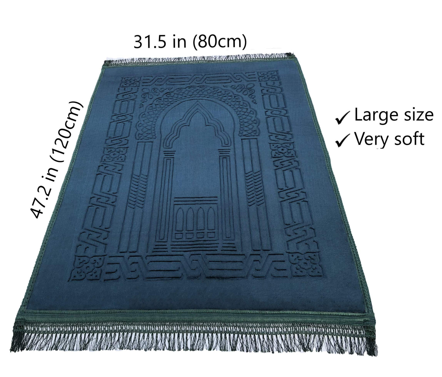 Prayer Rug Muslim Mat Islamic - Thick Large Padded Sajadah for Kids Men Women with Islam Prayer Beads for Eid Travel Ramadan, Soft Luxury Great for Knees and Forehead(Green)