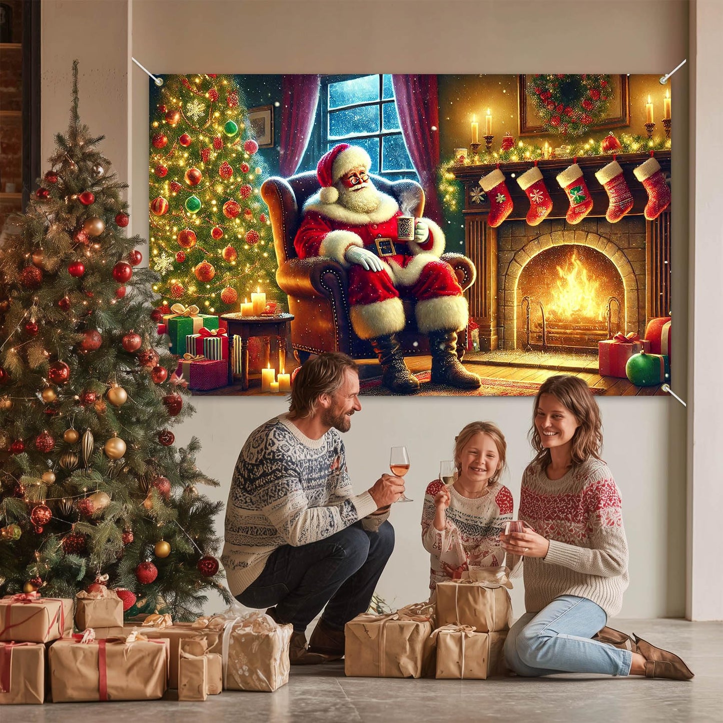 BlissYard Christmas Banner Santa Claus Fireplace Tree Holiday Wall Decoration Warm Cozy Living Room Scene Background Indoor Outdoor Party Decor for Home 71 X 43 Inches
