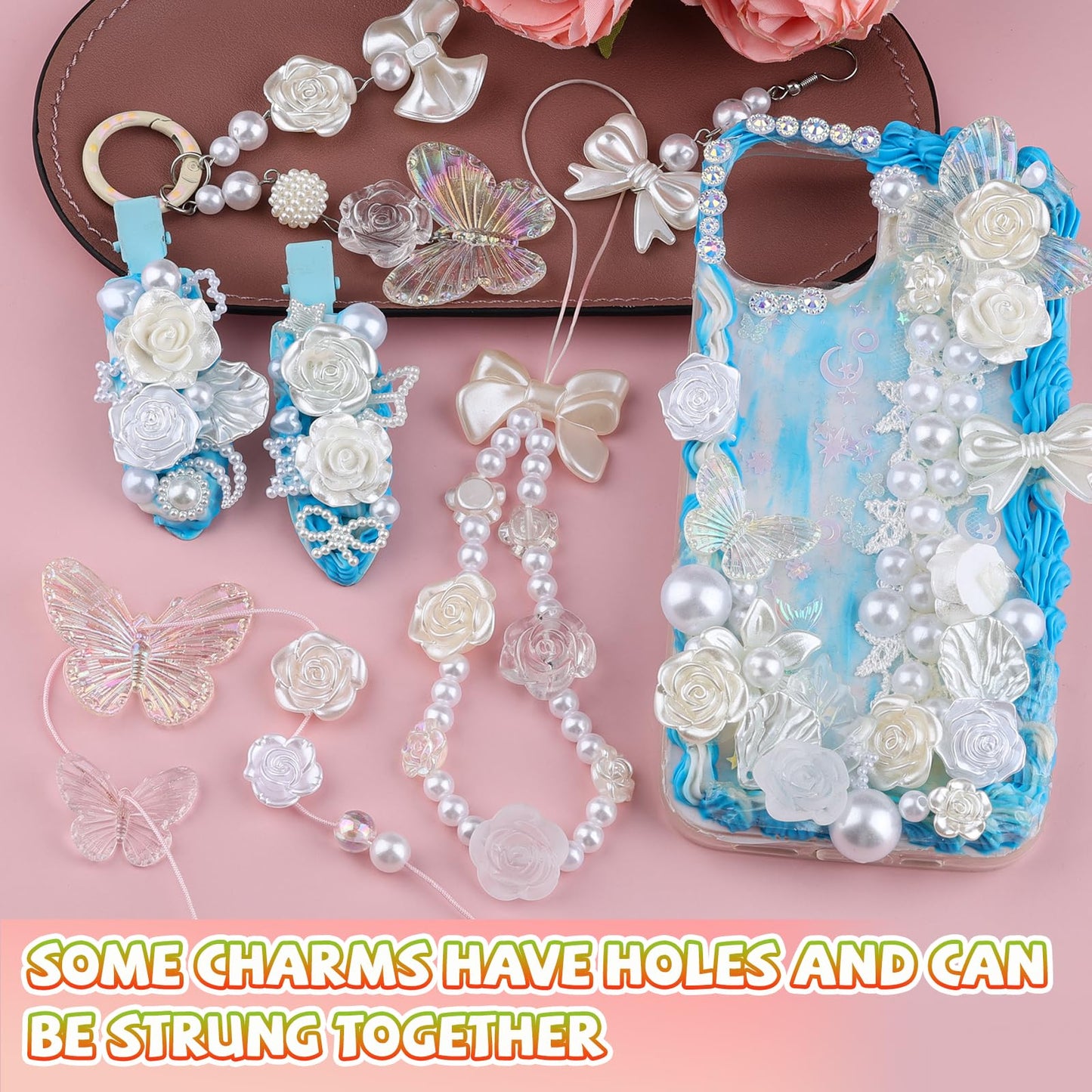 Kikonoke 350 Pieces 3D Resin Rose Flower Bows Butterfly Embellishments Angel Charms Picture Frame with Flatback Pearl Beads for Craft DIY Making Supplies (White)