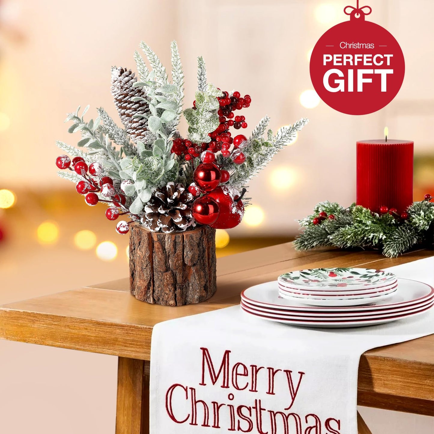 hatisan Small Christmas Tree, Artificial Christmas Tree with Christmas Ornaments Pine Cone Berry, Tabletop Christmas Tree for Christmas Decorations Home Room Party Winter Indoor Outdoor((Red-Round)