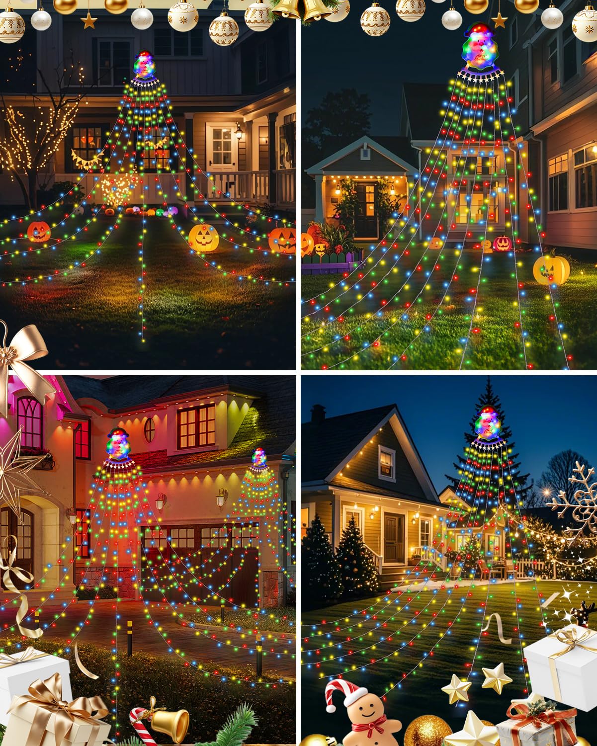 Christmas Waterfall Outdoor String Lights, Christmas Tree Lights with Topper 335 LED 11.48ft 9 Strands, 8 Lighting Modes Holiday New Year Decoration Lights for Wedding Yard Party Home Indoor Decor