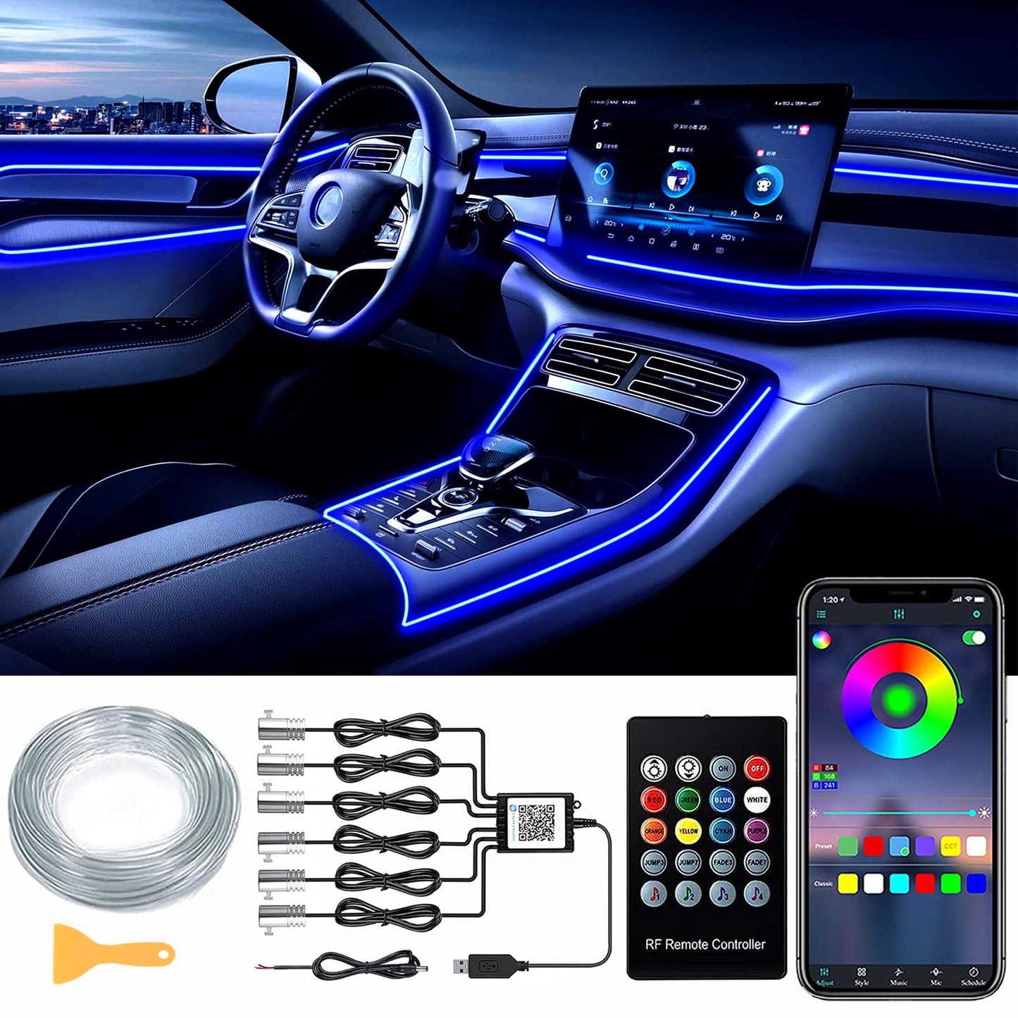 DEHERANE Interior Car LED Strip Lights, RGB 6 in 1 Ambient Lighting Kits with 315 inches Fiber Optic, 16 Million Colors Car Interior Lights with Wireless APP and Remote Control, Sync to Music