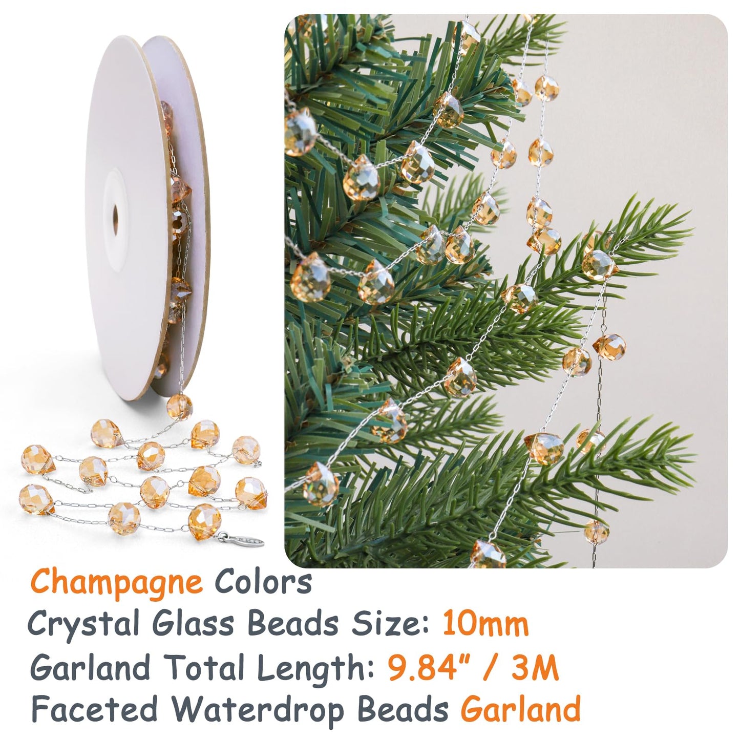 Lumiti Christmas Garland, 9.8Ft Crystal Glass Beads Strands, 100pcs 10mm Faceted Waterdrop Glass Beads Hanging Ornament for Christmas Tree Centerpieces Wedding Party Decorations (Gold)