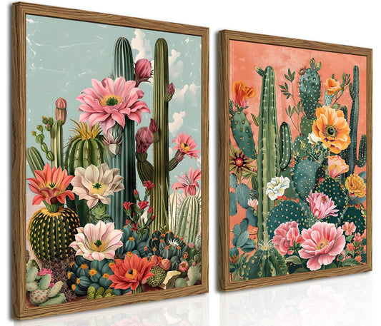 Framed Mexican Cactus Canvas Wall Art Set of 2, Vintage Desert Floral Wall Decor Paintings, Southwestern Boho Botanical Pictures Prints Aesthetic Home Decor for Living Room Bedroom Bathroom 12x16 inch