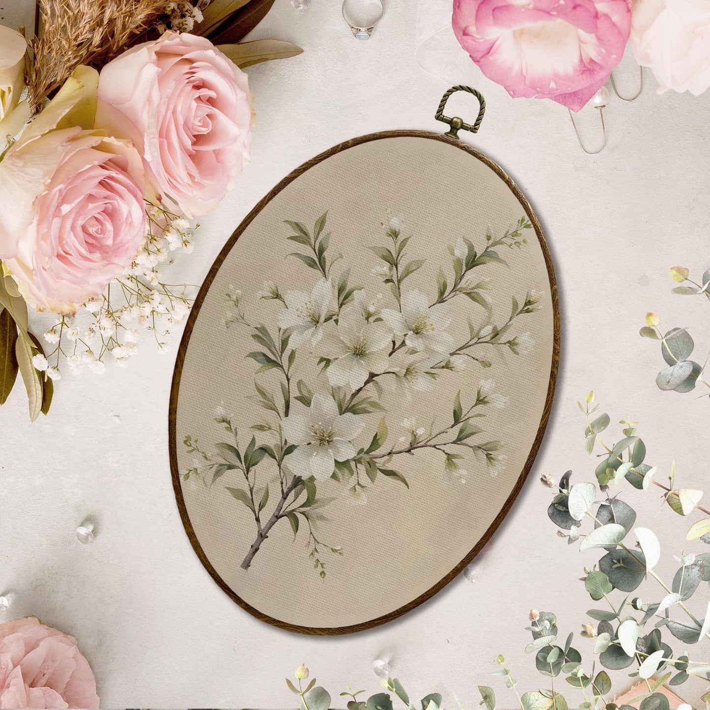 JQF Vintage Floral Oval Framed Wall Art, Cottagecore Retro Flower Botanical Oval Canvas Wall Decor, Rustic Floral Framed Prints Hanging Decor for Home Bedroom Living Room, 8.5x11.5 Inch
